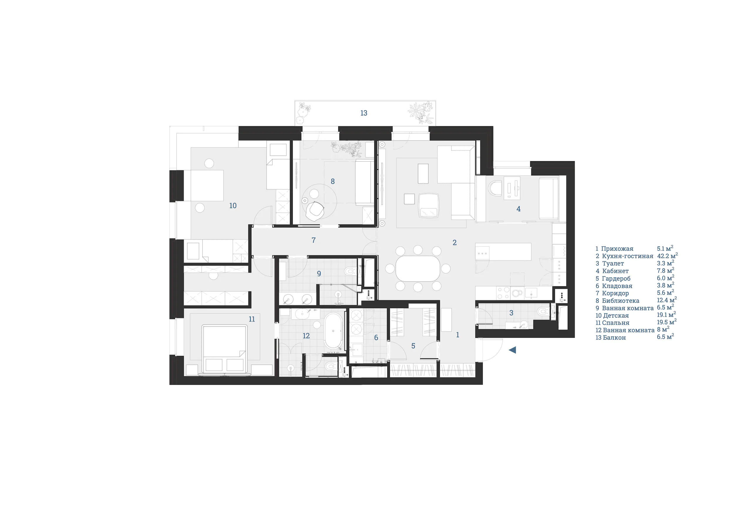 Угловая квартира 150 м² для семьи с двумя детьми drawings